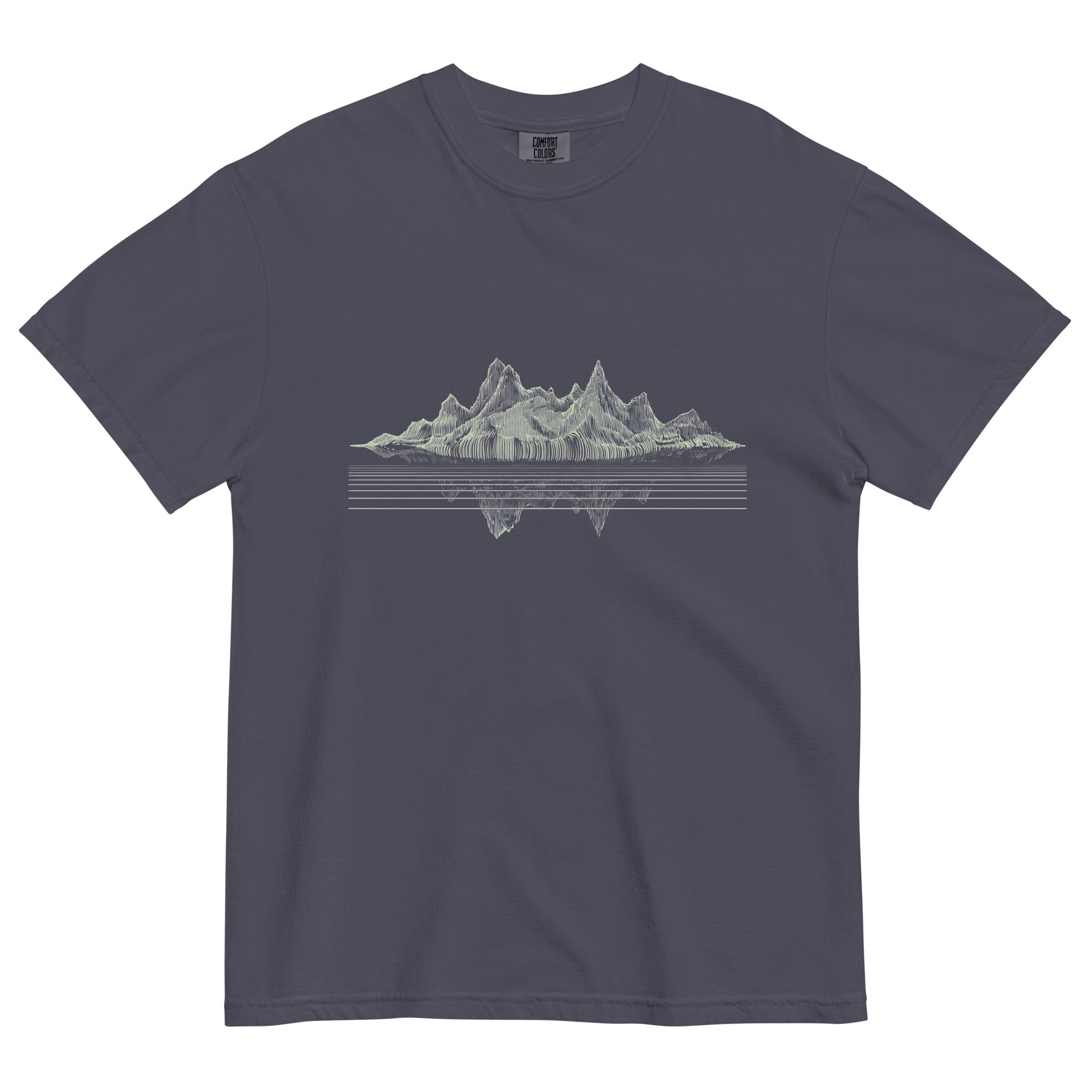 Mountain lake reflection design on a Navy garment-dyed cotton t-shirt