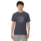 Alpine ski lodge gondola badge design on a Navy garment-dyed cotton t-shirt