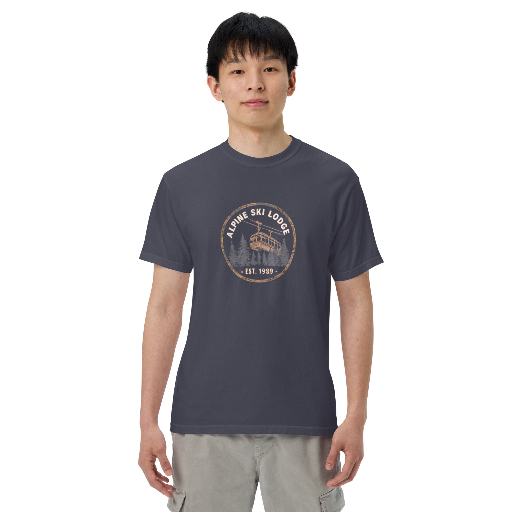 Alpine ski lodge gondola badge design on a Navy garment-dyed cotton t-shirt