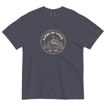 Alpine ski lodge gondola badge design on a Navy garment-dyed cotton t-shirt