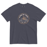 Alpine ski lodge gondola badge design on a Navy garment-dyed cotton t-shirt