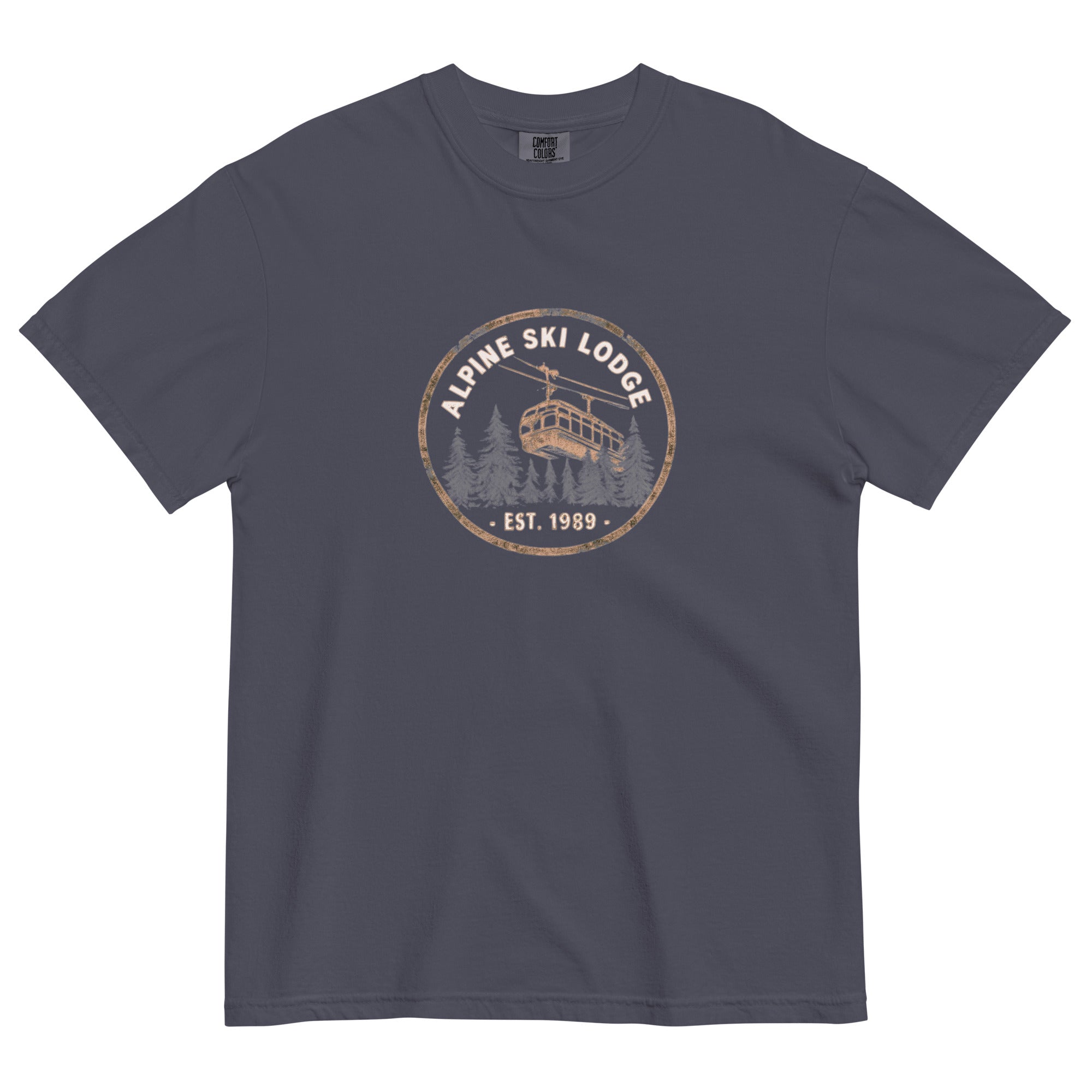 Alpine ski lodge gondola badge design on a Navy garment-dyed cotton t-shirt