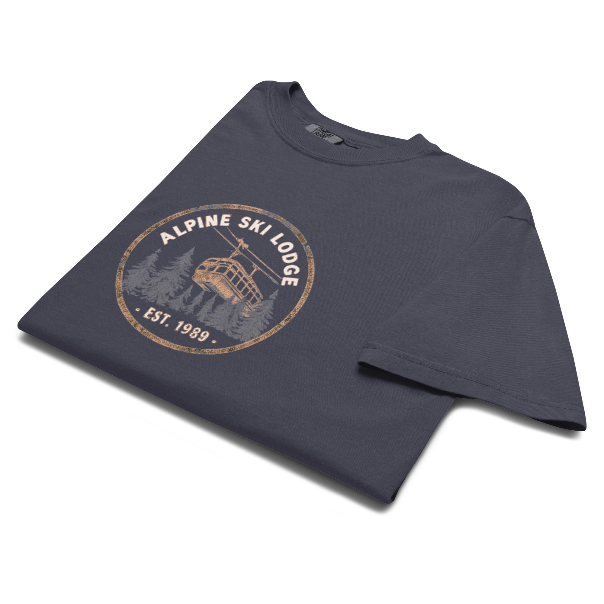 Alpine ski lodge gondola badge design on a Navy garment-dyed cotton t-shirt
