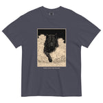 Black wolf in deep snow design on a Navy garment-dyed cotton t-shirt