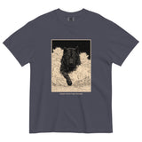 Black wolf in deep snow design on a Navy garment-dyed cotton t-shirt