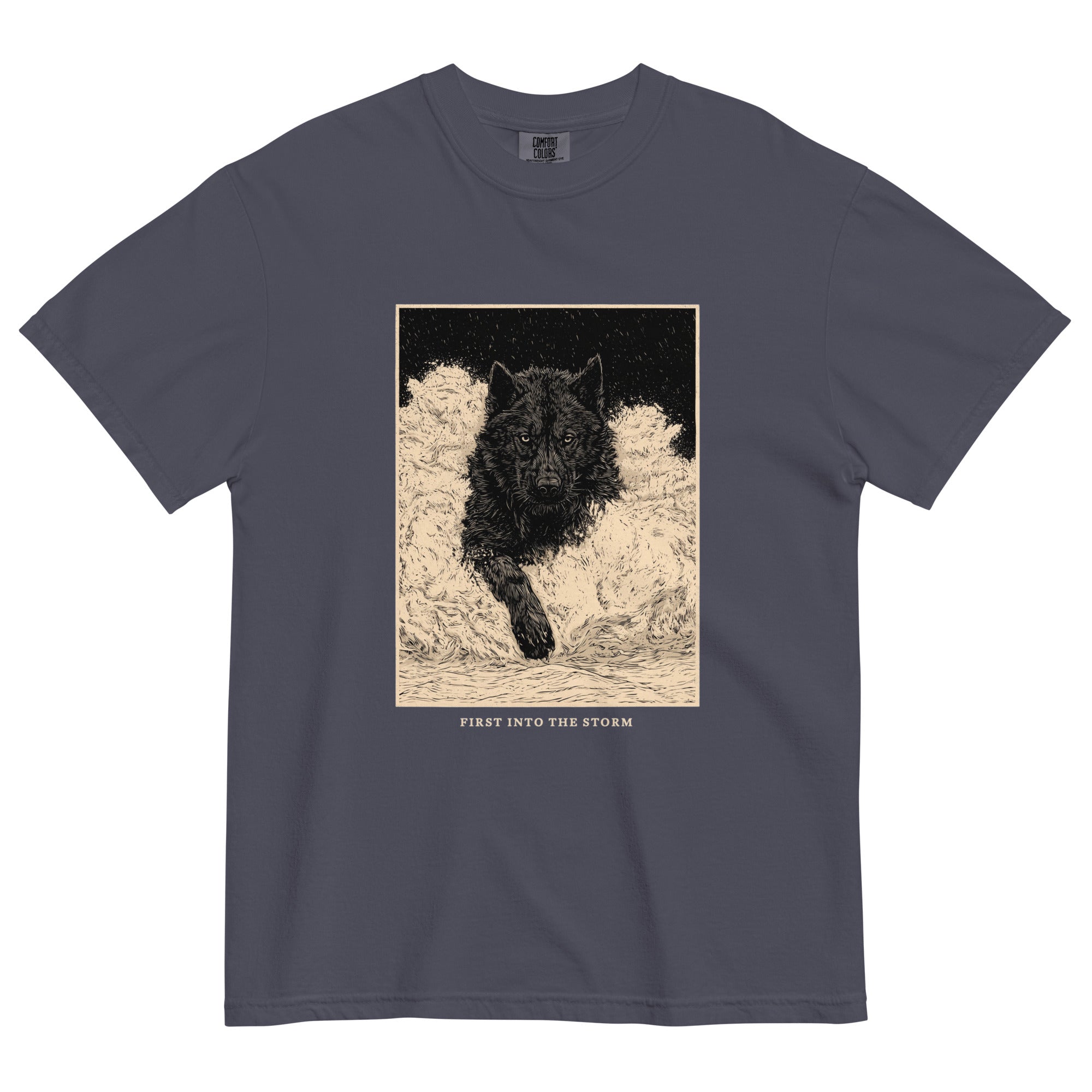Black wolf in deep snow design on a Navy garment-dyed cotton t-shirt