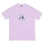 Deer and winter forest design on an Orchid garment-dyed cotton t-shirt