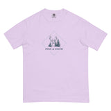Deer and winter forest design on an Orchid garment-dyed cotton t-shirt