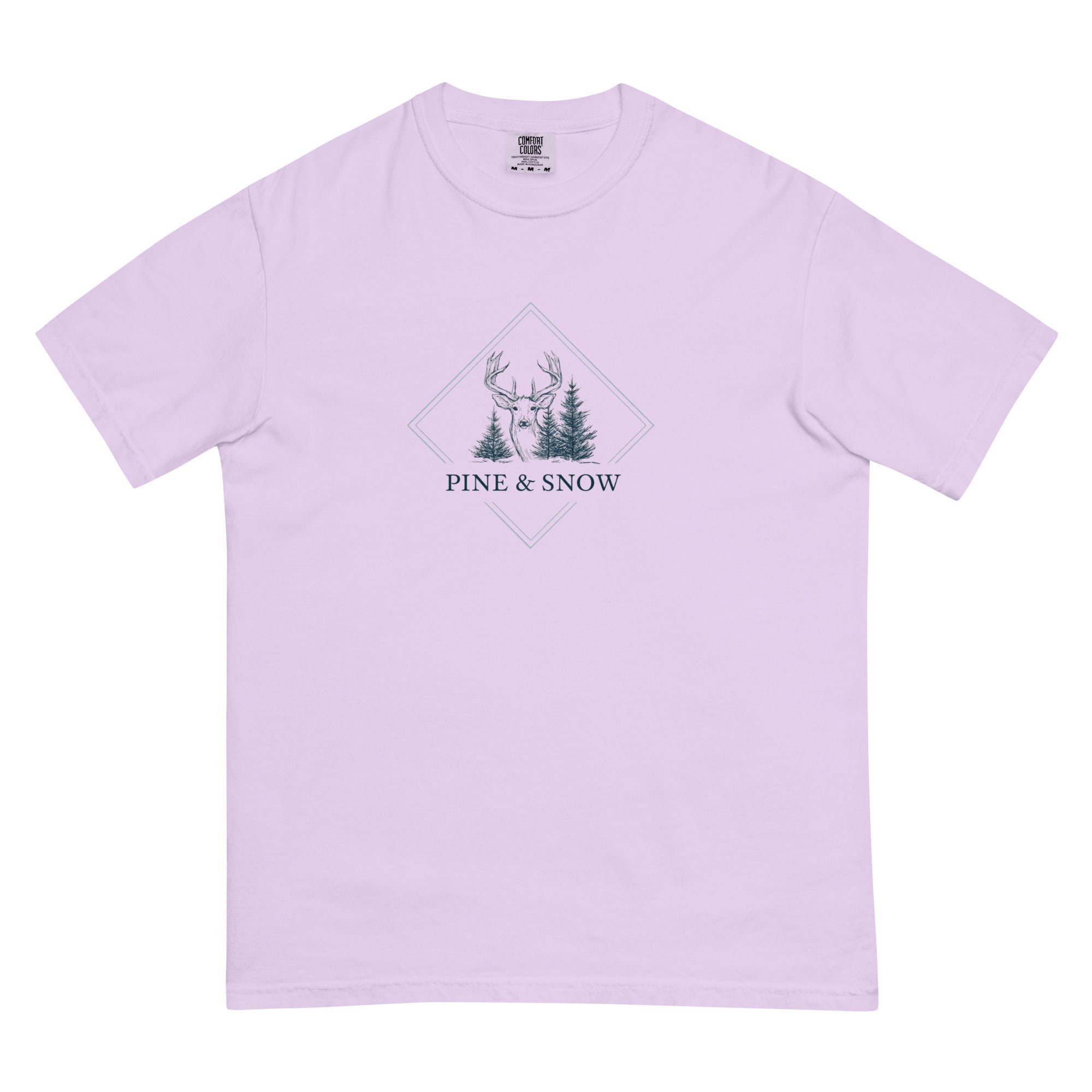 Deer and winter forest design on an Orchid garment-dyed cotton t-shirt
