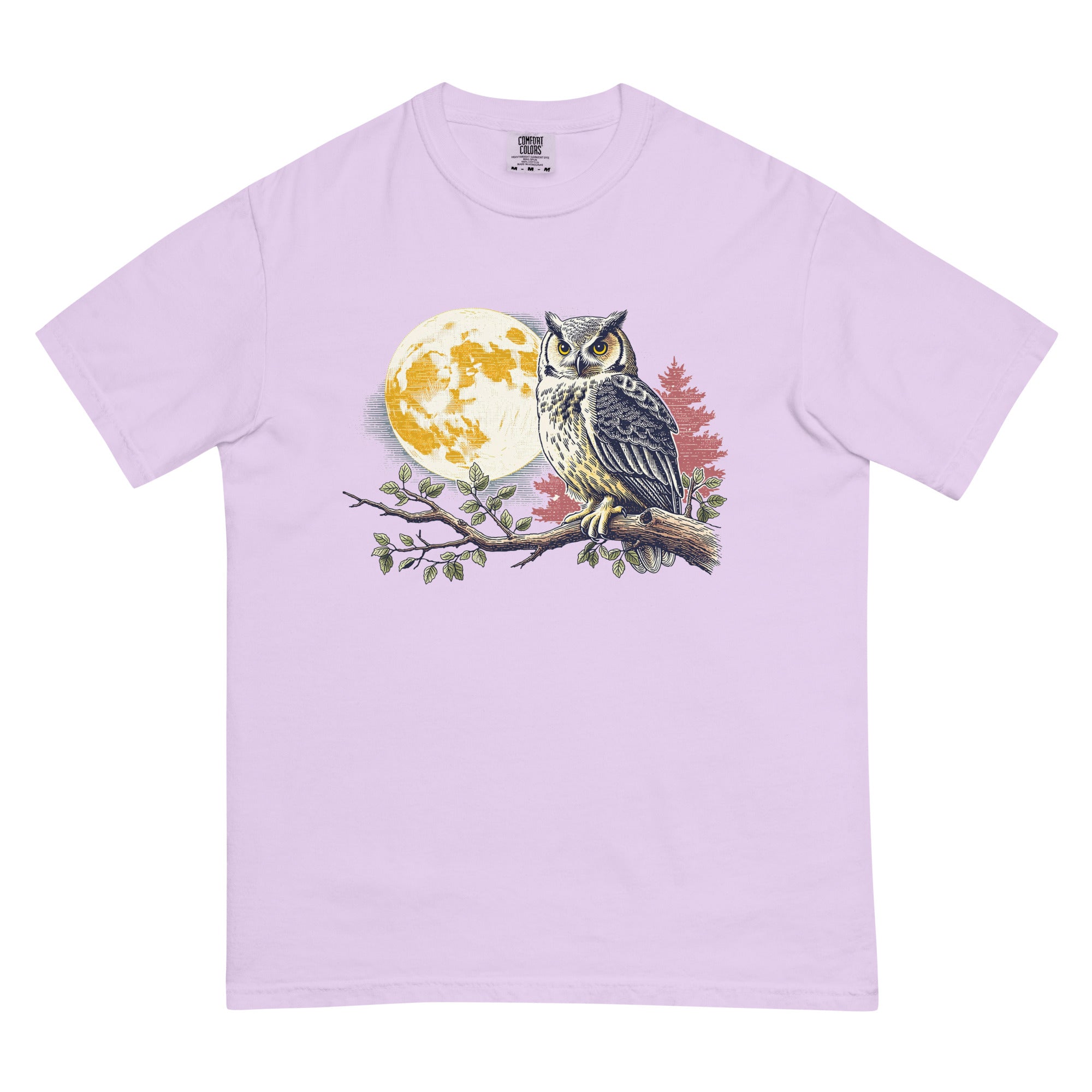 Great horned owl and autumn moon design on an Orchid garment-dyed cotton t-shirt
