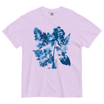 Fern and leaf cyanotype design on an Orchid garment-dyed cotton t-shirt