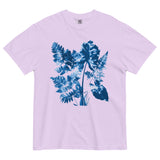 Fern and leaf cyanotype design on an Orchid garment-dyed cotton t-shirt