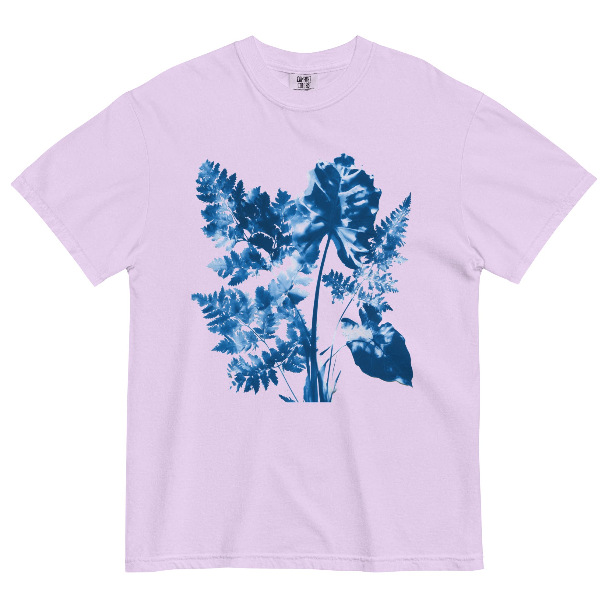 Fern and leaf cyanotype design on an Orchid garment-dyed cotton t-shirt