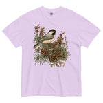 Chickadee and winter berries design on an Orchid garment-dyed cotton t-shirt