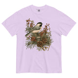 Chickadee and winter berries design on an Orchid garment-dyed cotton t-shirt