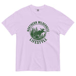 Moose wilderness badge design on an Orchid garment-dyed cotton t-shirt