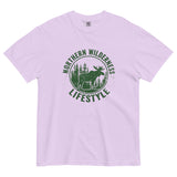 Moose wilderness badge design on an Orchid garment-dyed cotton t-shirt