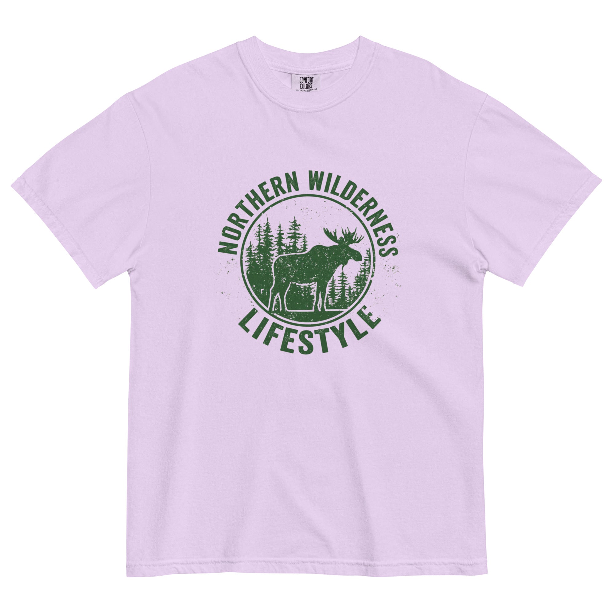Moose wilderness badge design on an Orchid garment-dyed cotton t-shirt