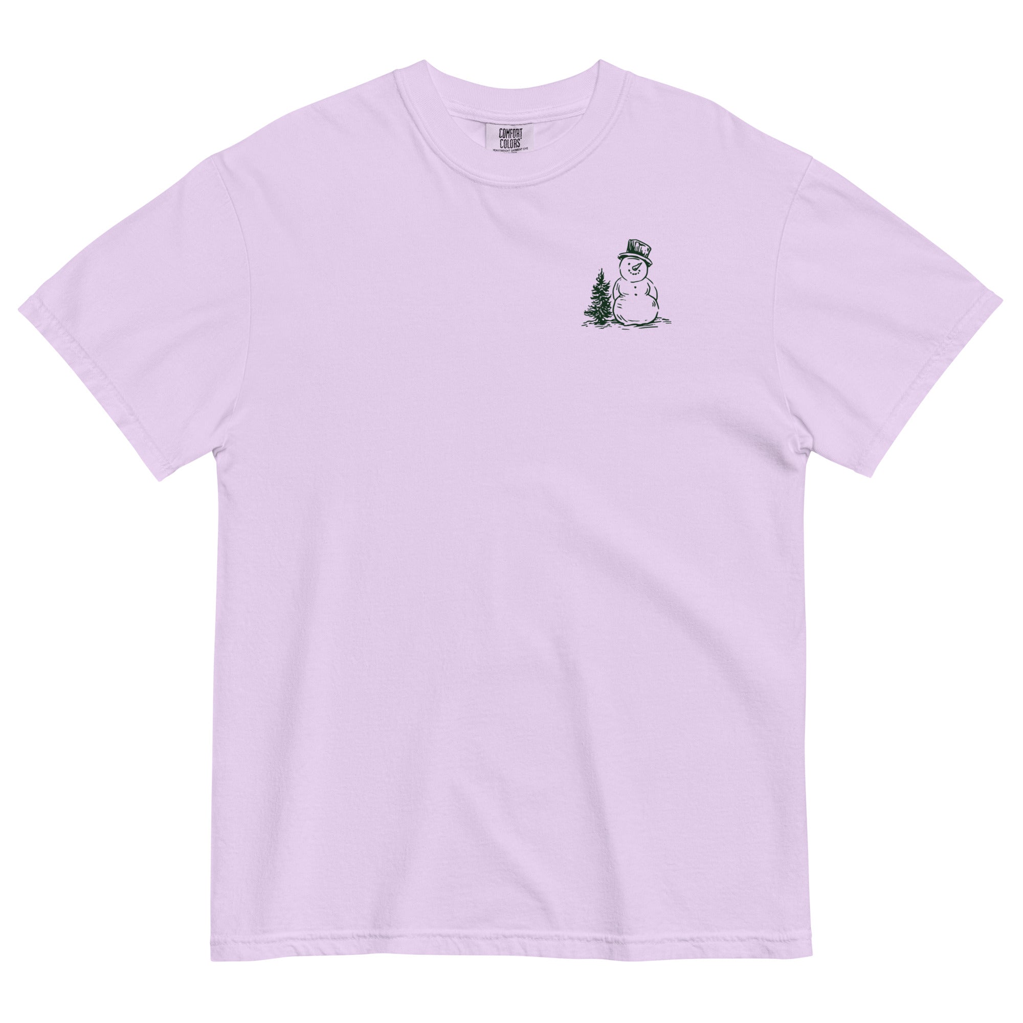 Snowman and pine tree design on an Orchid garment-dyed cotton t-shirt