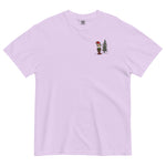 Elf and pine tree design on an Orchid garment-dyed cotton t-shirt