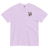 Elf and pine tree design on an Orchid garment-dyed cotton t-shirt