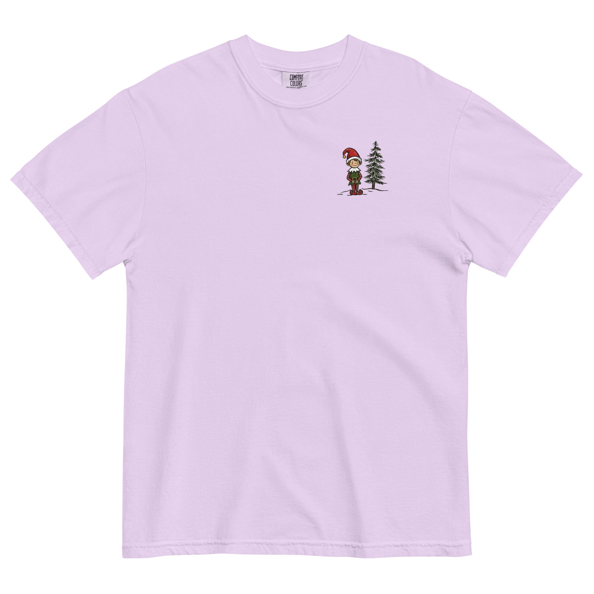 Elf and pine tree design on an Orchid garment-dyed cotton t-shirt