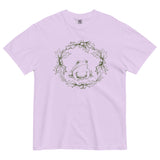 Frog in a holly wreath design on an Orchid garment-dyed cotton t-shirt