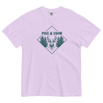 Stag emblem with pine and snow design on an Orchid garment-dyed cotton t-shirt
