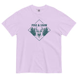 Stag emblem with pine and snow design on an Orchid garment-dyed cotton t-shirt