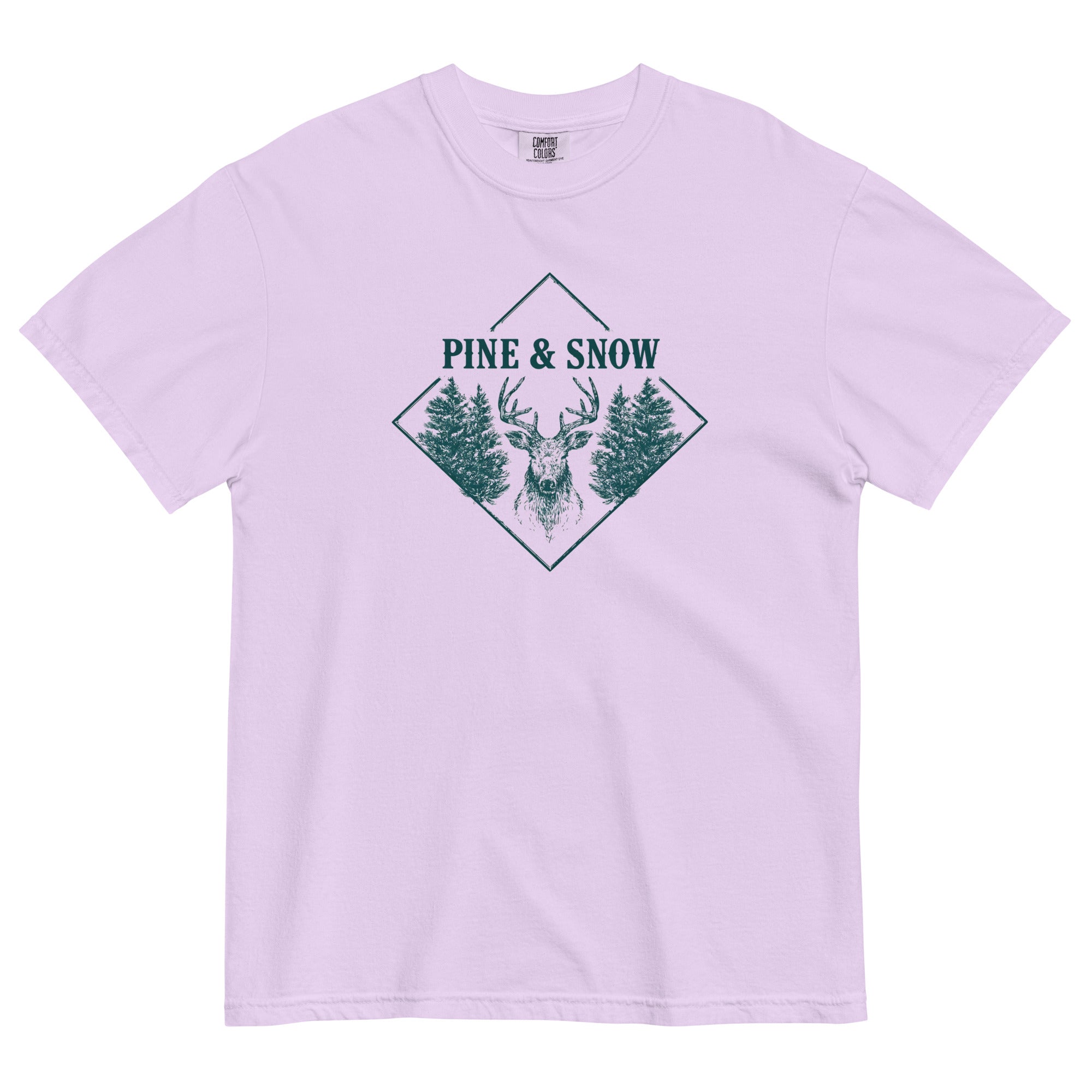 Stag emblem with pine and snow design on an Orchid garment-dyed cotton t-shirt
