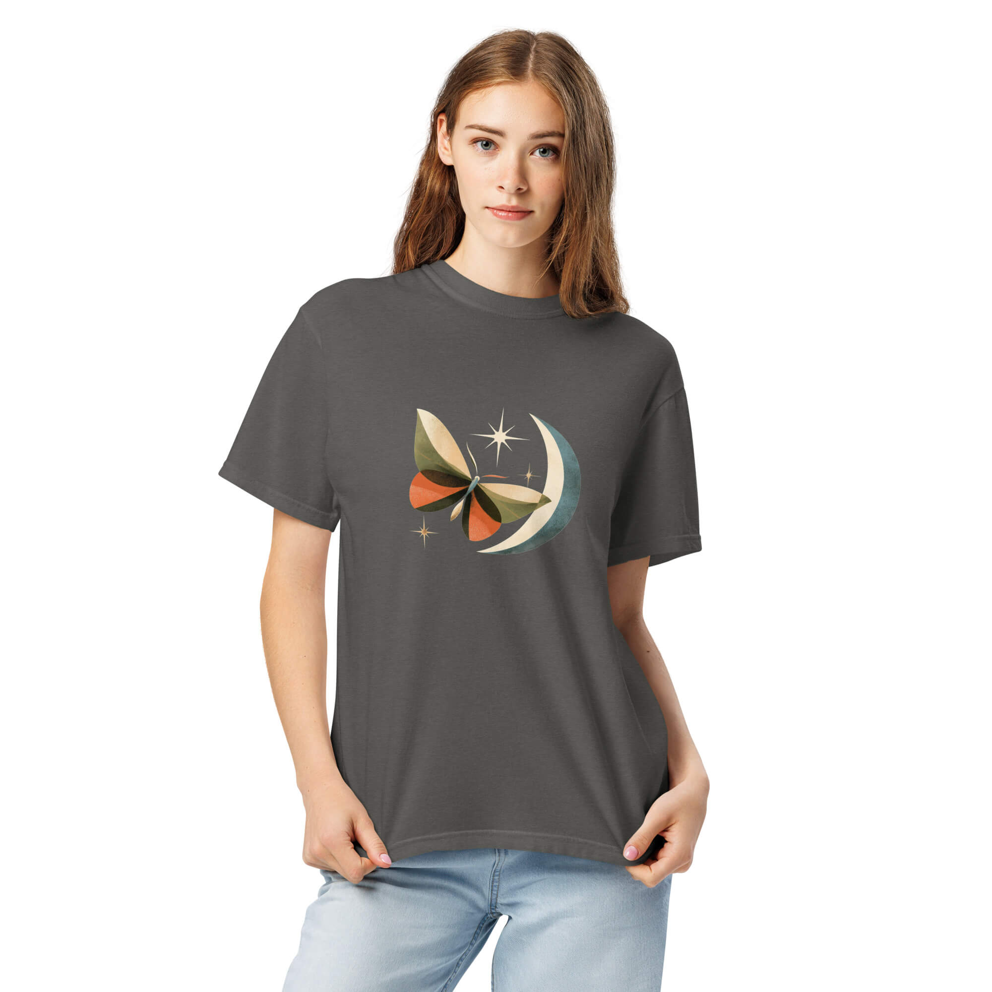 Butterfly and crescent moon design on a Pepper garment-dyed cotton t-shirt