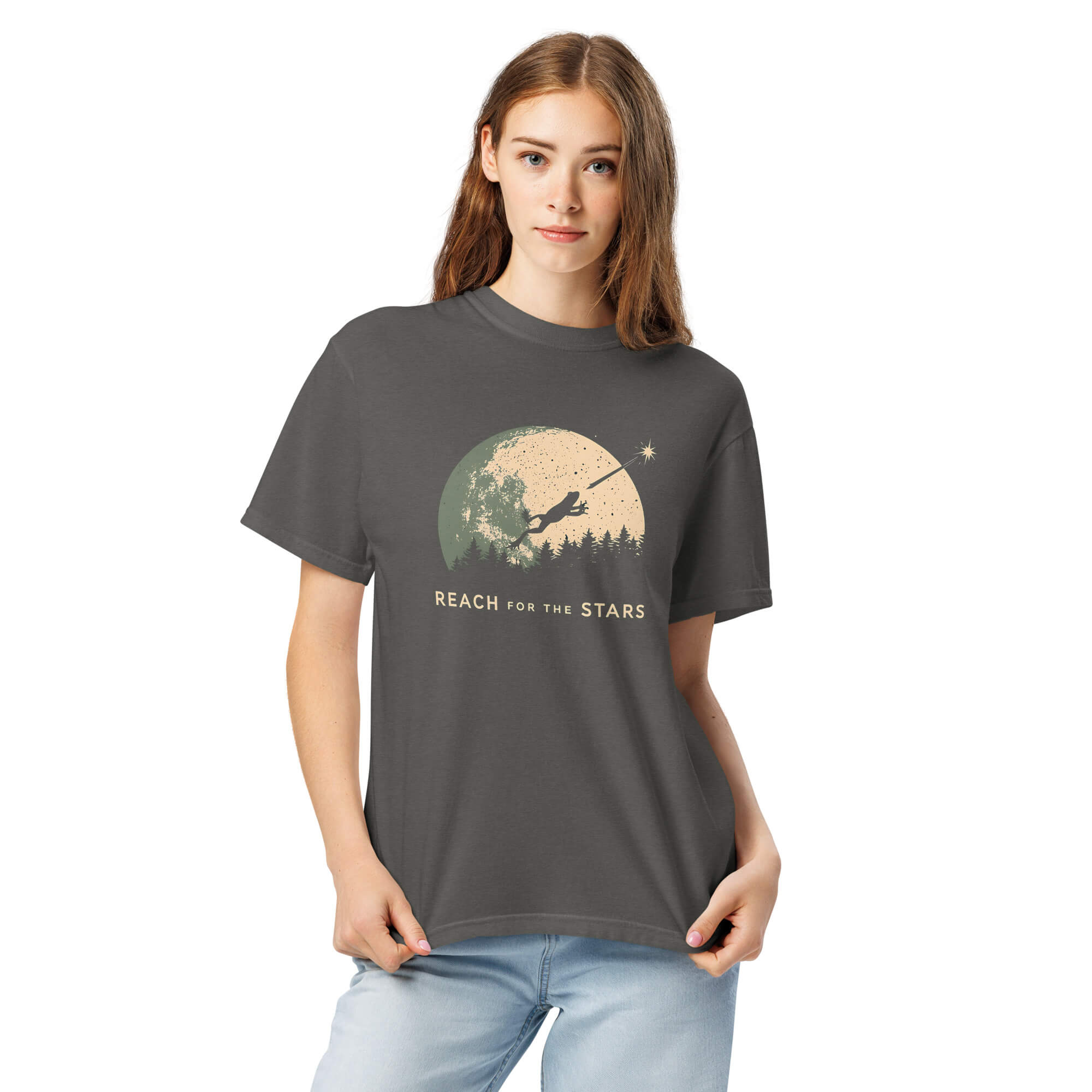 Frog and full moon design on a Pepper garment-dyed cotton t-shirt