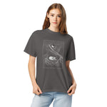 Sleeping fox and ancient tree design on a Pepper garment-dyed cotton t-shirt