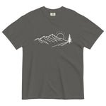 Mountain sunrise line design on a Pepper garment-dyed cotton t-shirt