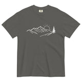 Mountain sunrise line design on a Pepper garment-dyed cotton t-shirt