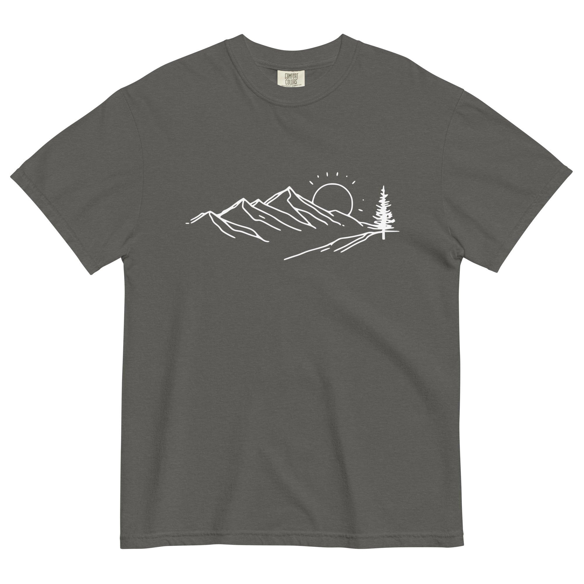 Mountain sunrise line design on a Pepper garment-dyed cotton t-shirt