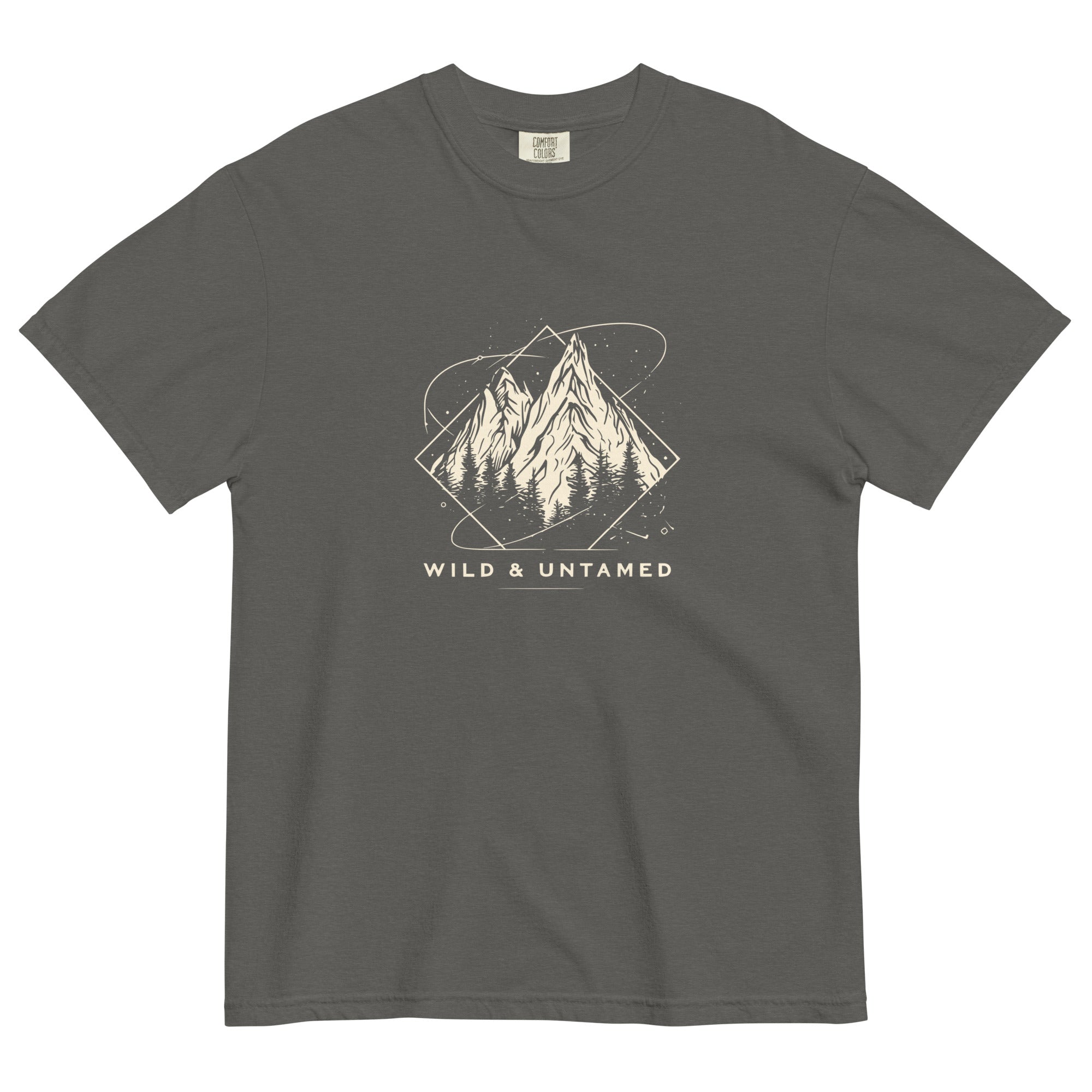 Mountain peaks and orbital rings design on a Pepper garment-dyed cotton t-shirt