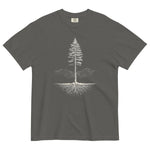 Pine tree and roots design on a Pepper garment-dyed cotton t-shirt