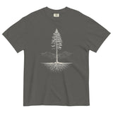 Pine tree and roots design on a Pepper garment-dyed cotton t-shirt