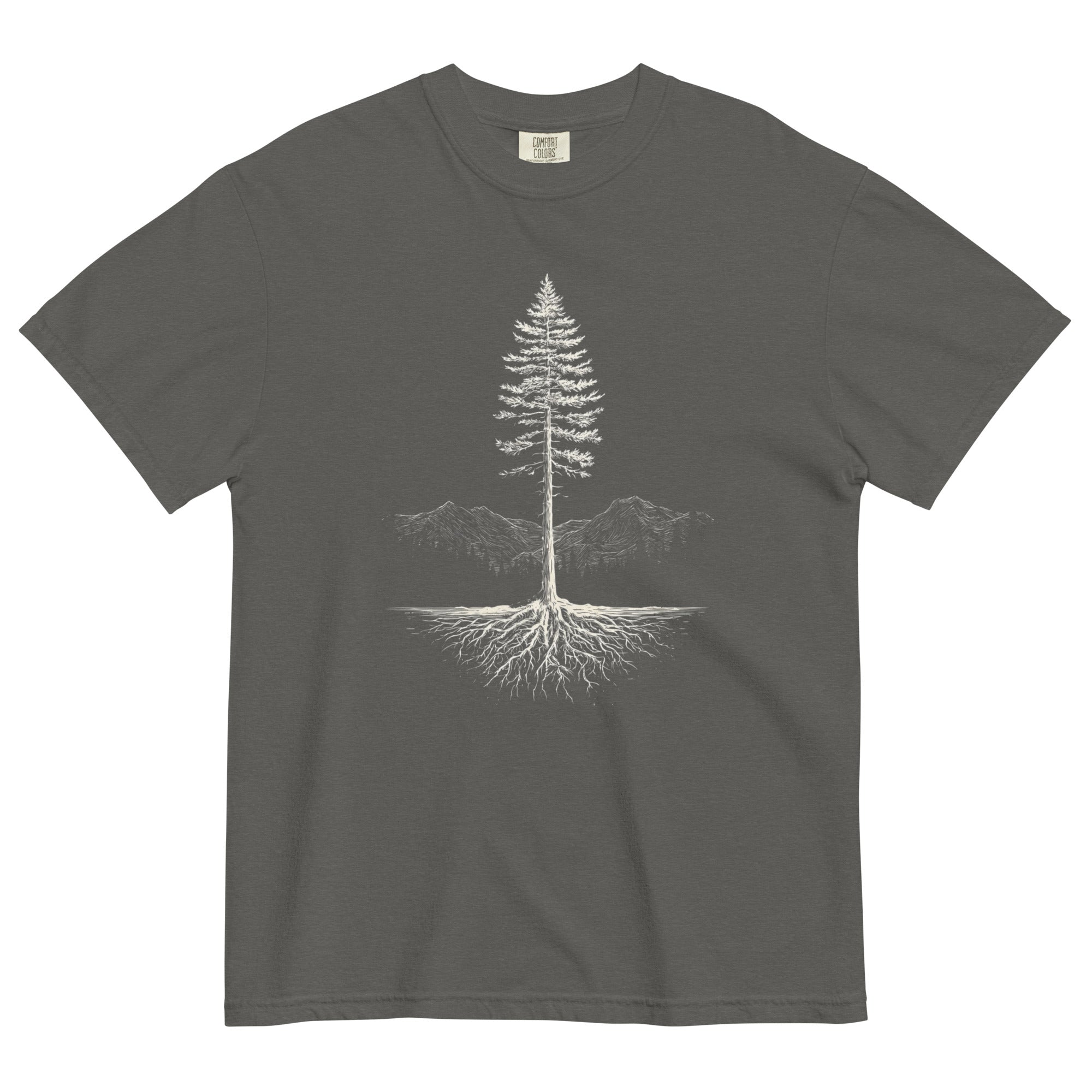 Pine tree and roots design on a Pepper garment-dyed cotton t-shirt