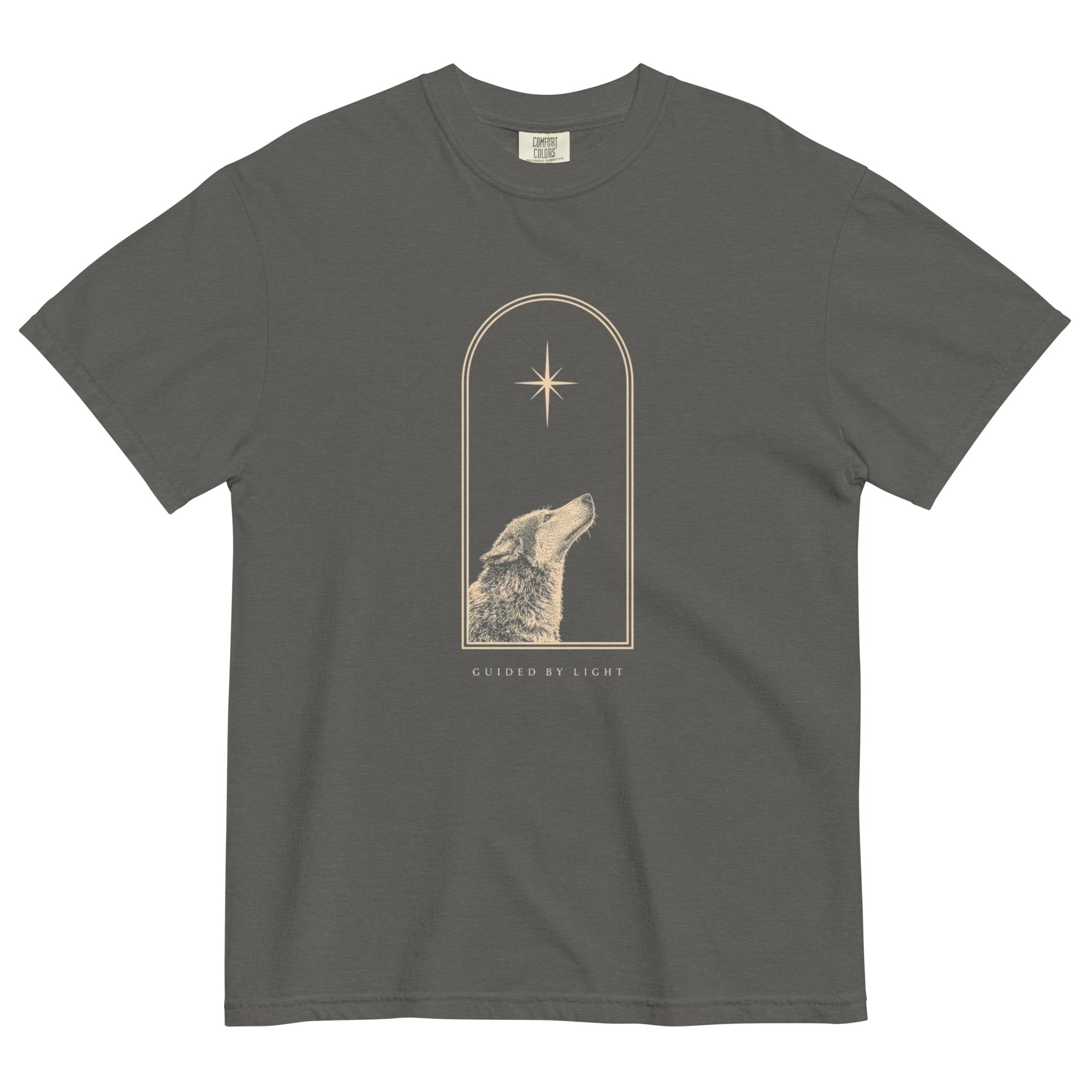 Wolf and star design on a Pepper garment-dyed cotton t-shirt