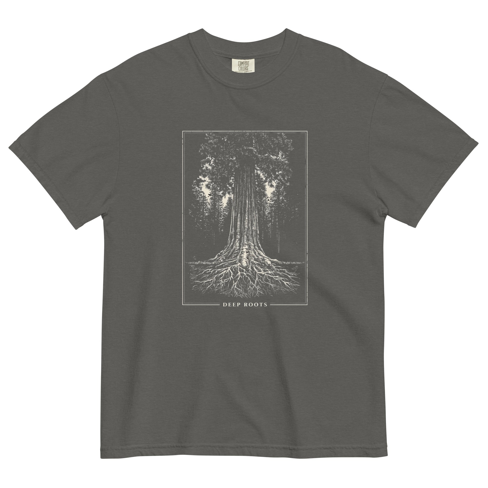 Redwood tree and roots design on a Pepper garment-dyed cotton t-shirt