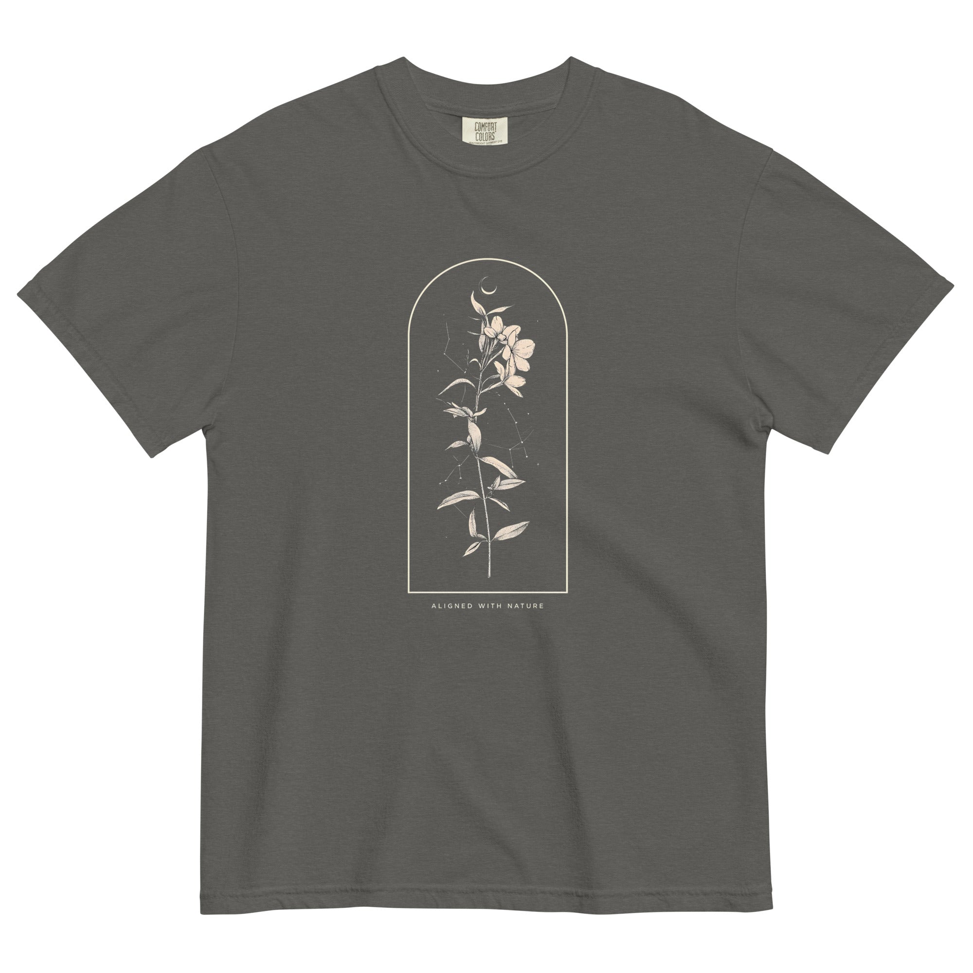 Wildflower and constellation design on a Pepper garment-dyed cotton t-shirt