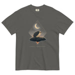 Hedgehog and crescent moon design on a Pepper garment-dyed cotton t-shirt
