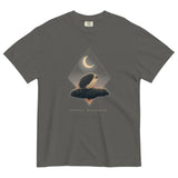 Hedgehog and crescent moon design on a Pepper garment-dyed cotton t-shirt