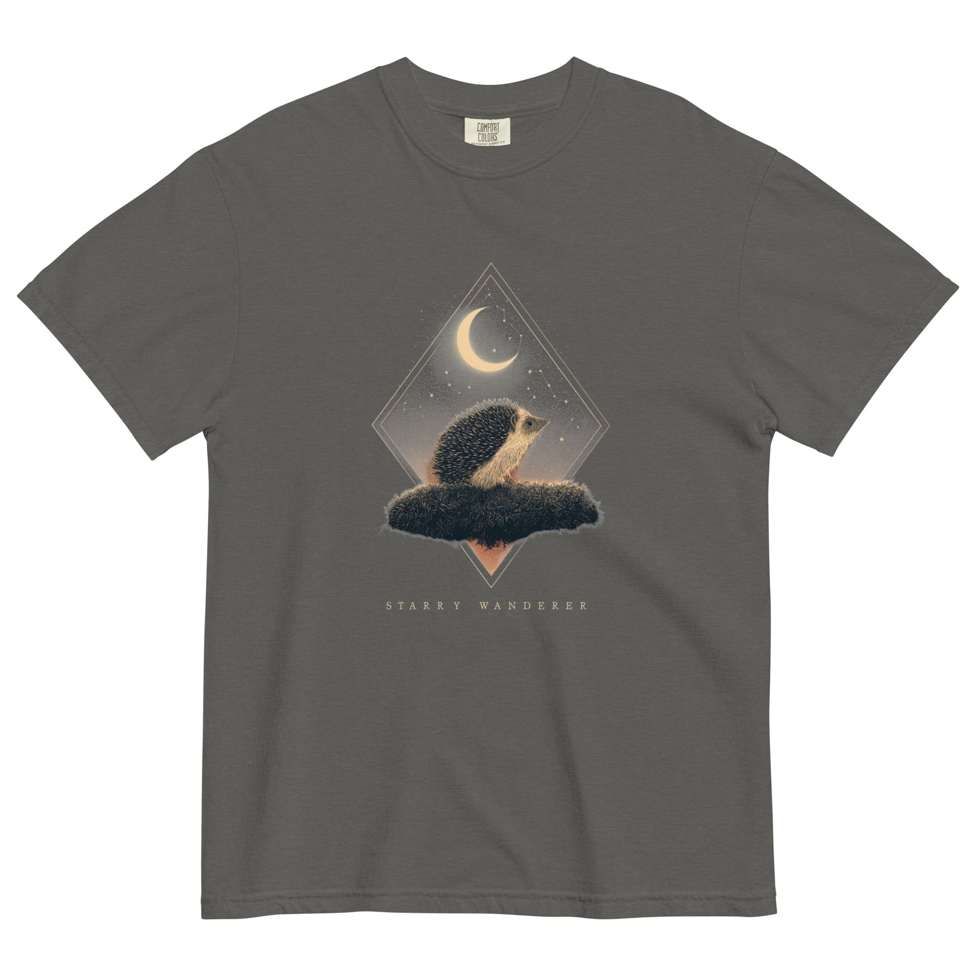 Hedgehog and crescent moon design on a Pepper garment-dyed cotton t-shirt