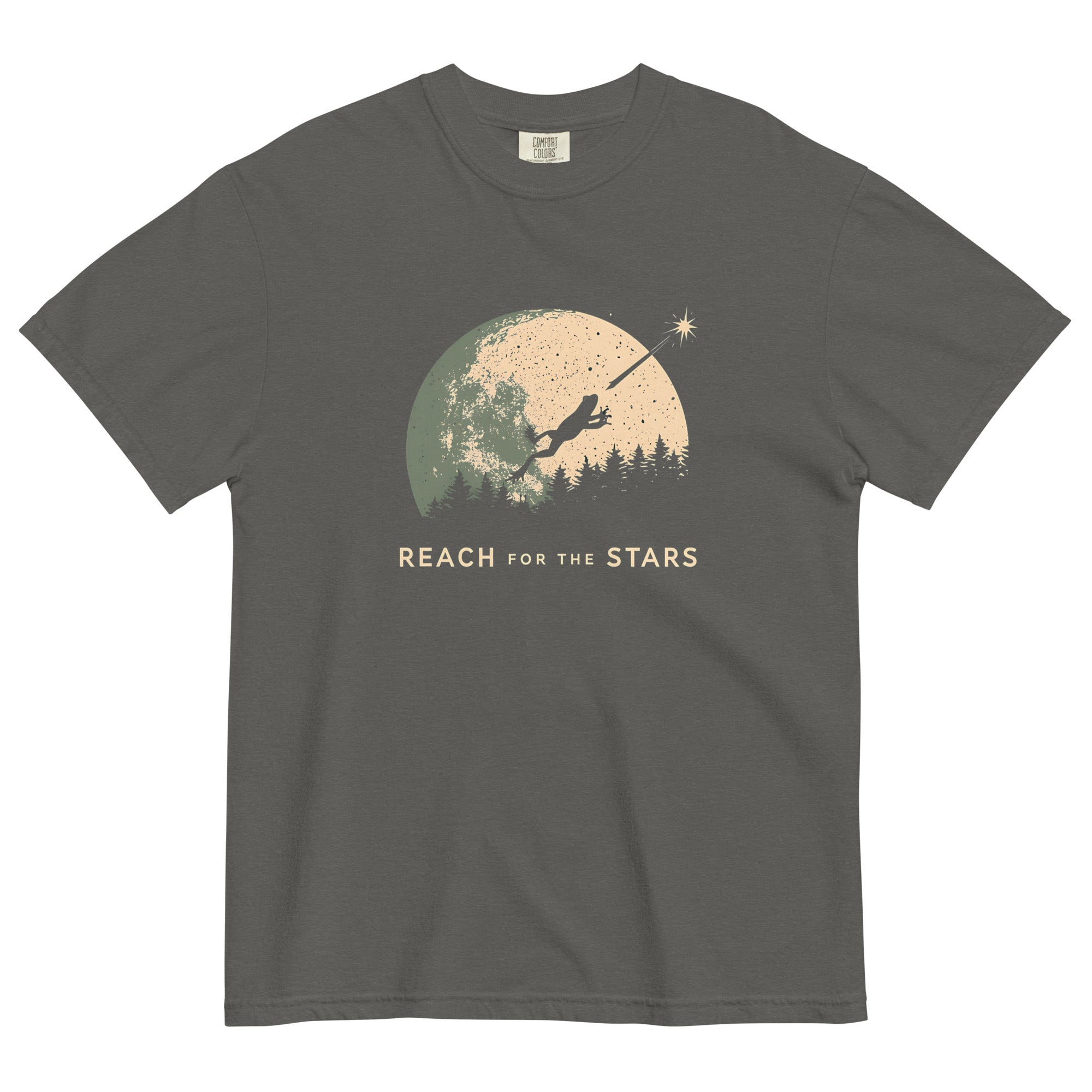 Frog and full moon design on a Pepper garment-dyed cotton t-shirt