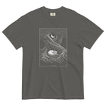 Sleeping fox and ancient tree design on a Pepper garment-dyed cotton t-shirt