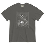 Sleeping fox and ancient tree design on a Pepper garment-dyed cotton t-shirt