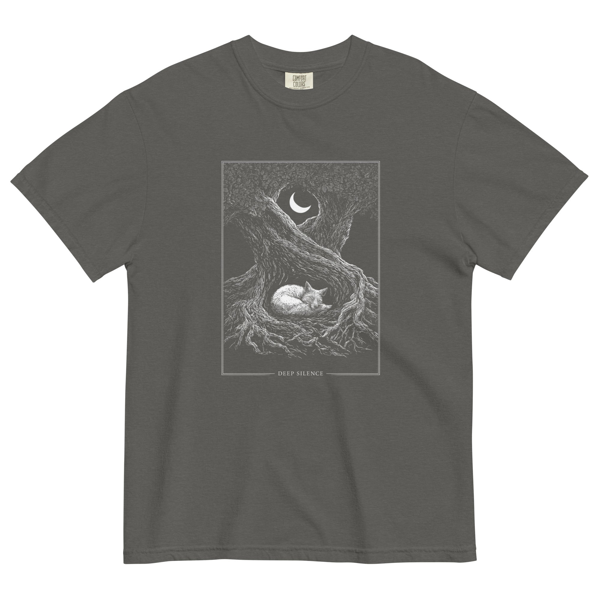 Sleeping fox and ancient tree design on a Pepper garment-dyed cotton t-shirt